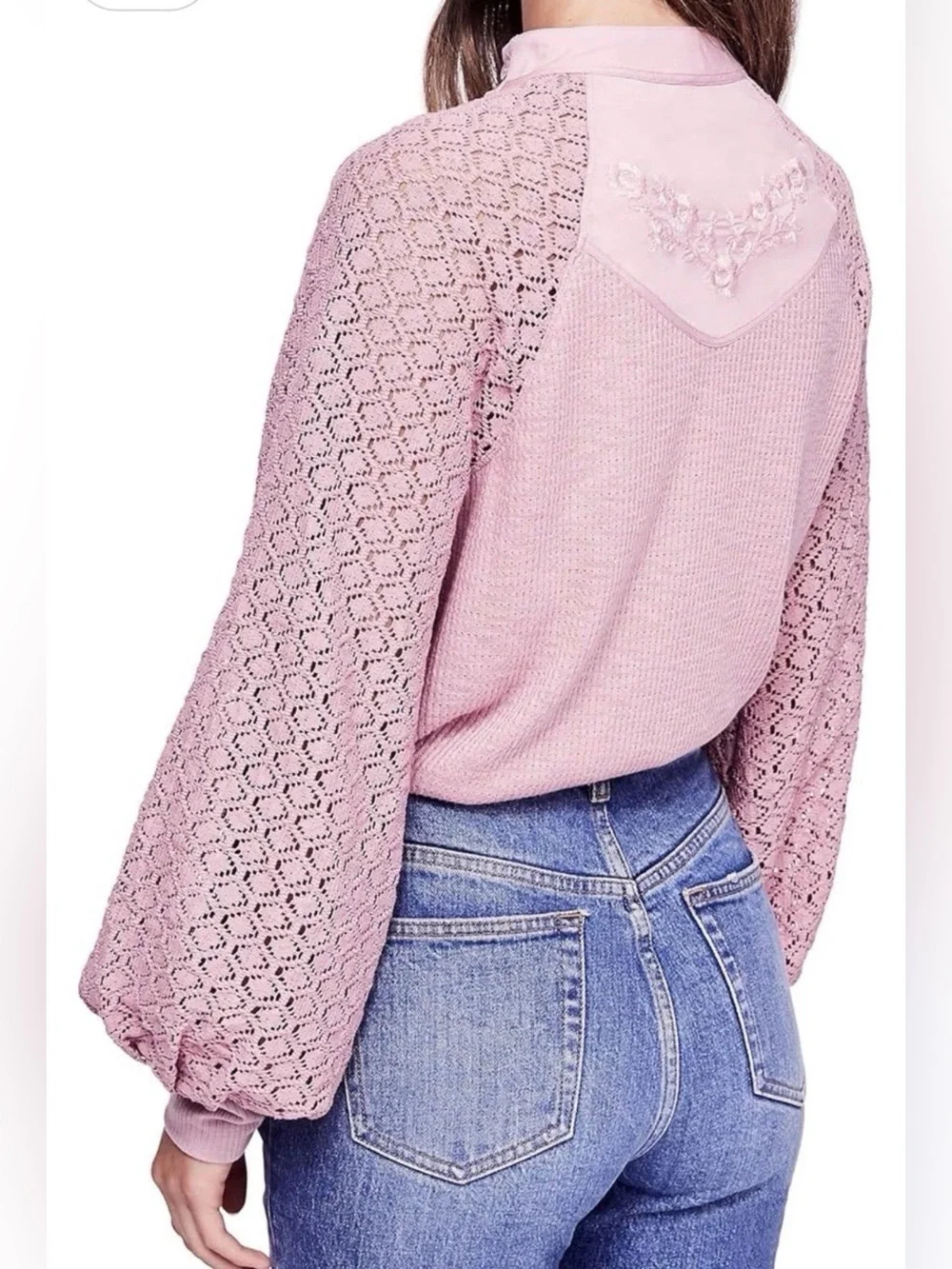 Free people Pink Lace Sleeve Sweater Top Embroidery